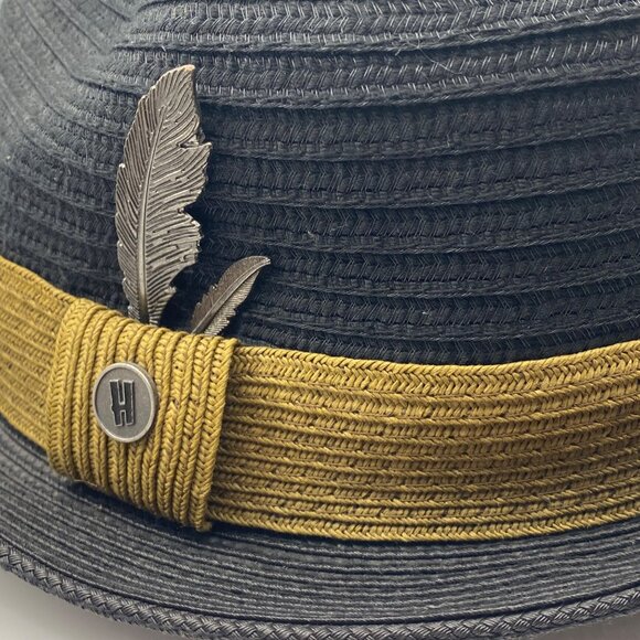 Hats in the Belfry HIB Galiano Fedora XL Black Mustard Band Metal Feather Accent - Picture 15 of 15